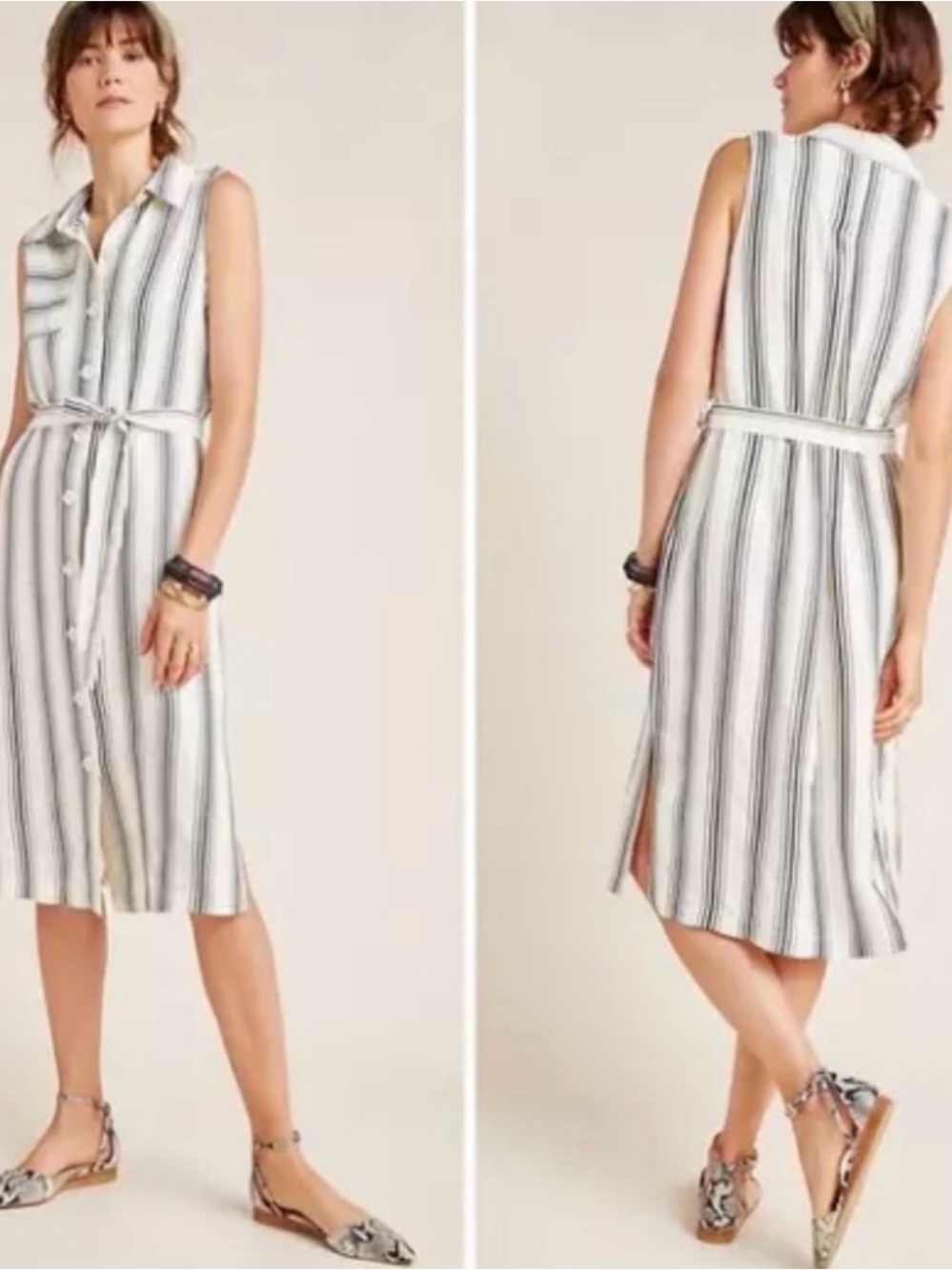 Anthropology Mauve cream black striped sleeveless shirt dress belted size 14